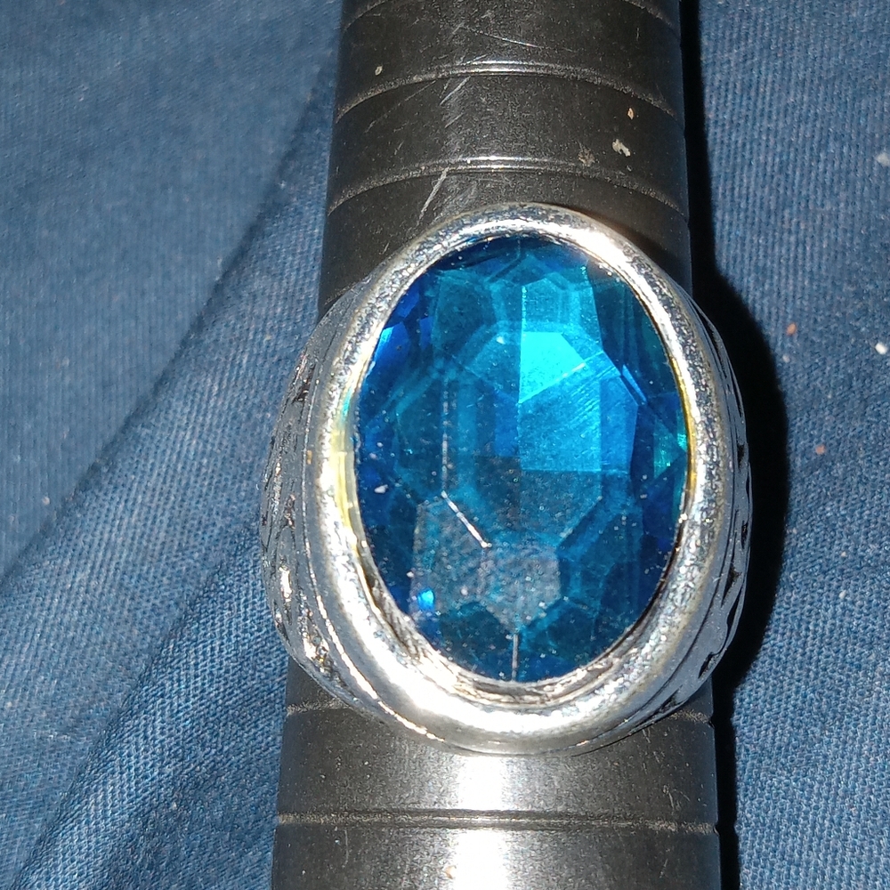 Large Dark Blue glass  And Silver plated  costume ring